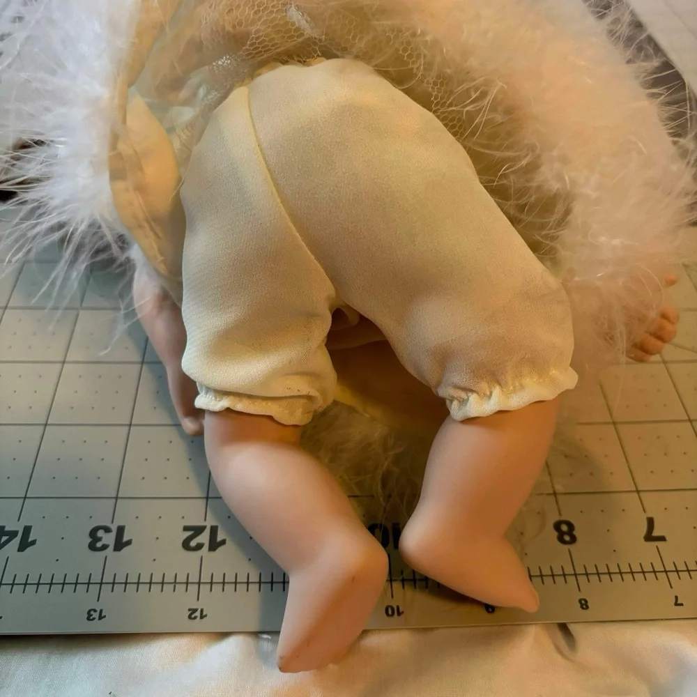 Porcelain Girl Doll Cloth Body Sitting Brown ling hair fancy Cream nightgown